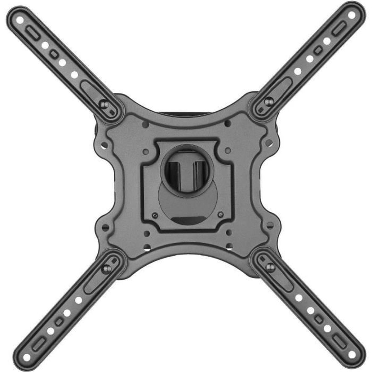 Eine metallische TV-Wandhalterung, mit vier Armen und einem zentralen Montagebereich.