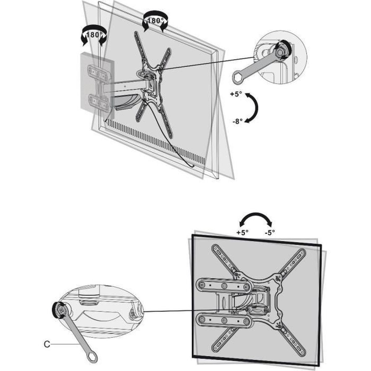 Diagramm, das einen Fernseher an einer Wandhalterung mit verschiedenen Winkeln und Einstellungen zeigt.