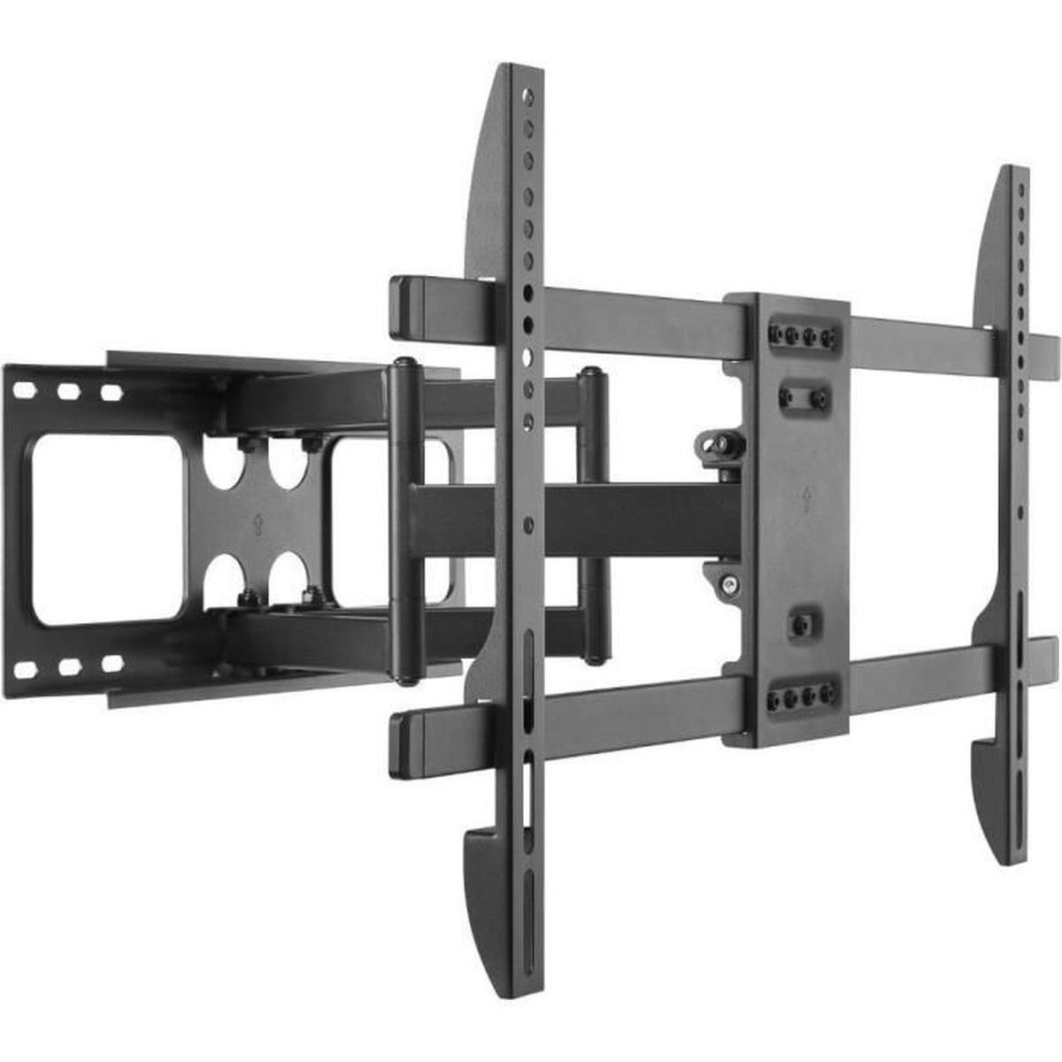 Eine schwarze TV-Wandhalterung mit komplexem Design, auf weißem Hintergrund.