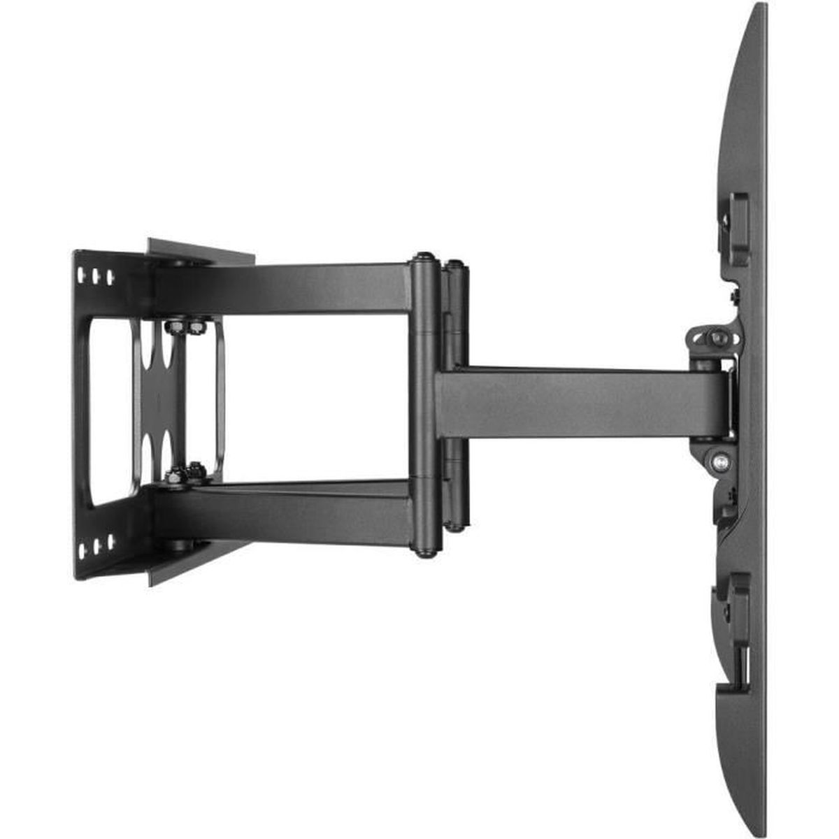 Eine schwarze TV-Wandhalterung, von der Seite gesehen. Sie hat mehrere Gelenke und Platten zur Befestigung.