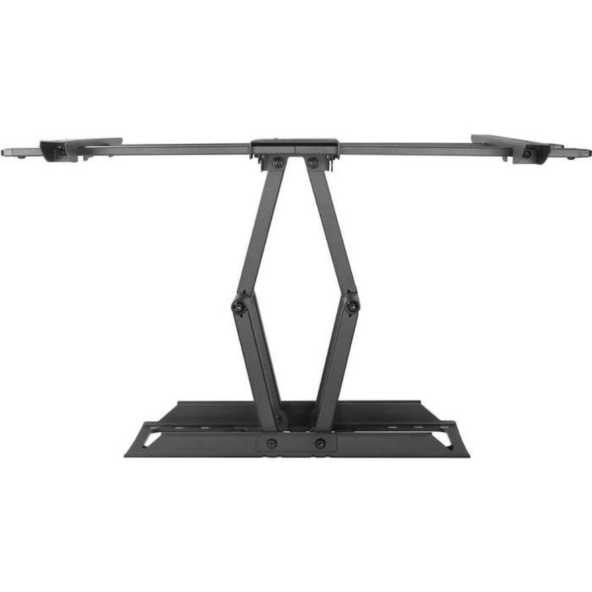 Ein schwarzer Metallständer mit mehreren Gelenken und Armen, für einen Monitor.