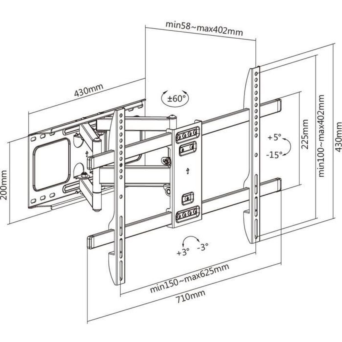 Diagramm einer TV-Wandhalterung mit Abmessungen und Winkeln, auf weißem Hintergrund.