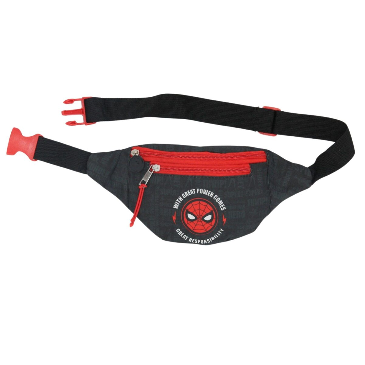 Fanny Pack im Spider-Man-Design. Es hat einen roten Reißverschluss und Riemen. Das Spider-Man-Logo ist sichtbar.