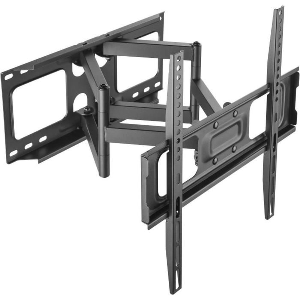 Schwarze TV-Wandhalterung, mit Gelenkarmen und Montageplatten. Für einen Fernseher konzipiert.