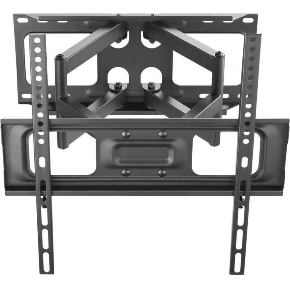 Schwarze TV-Wandhalterung mit ausziehbaren Armen und vertikalen Halterungen, Hardware sichtbar.