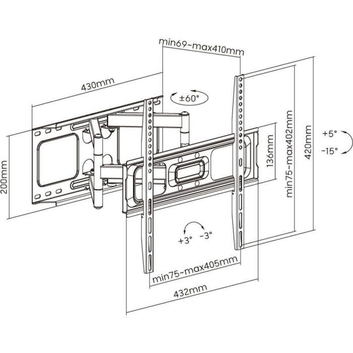 Technische Zeichnung mit Abmessungen und Winkeln der schwarzen TV-Wandhalterung.