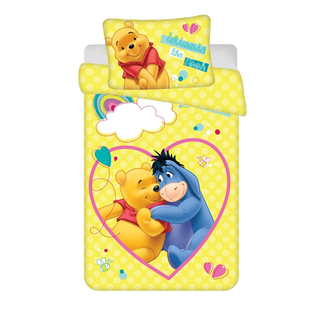 Bettwäsche-Set mit Winnie Puuh und I-Aah, gelben Tupfen und Zeichentrickfiguren.