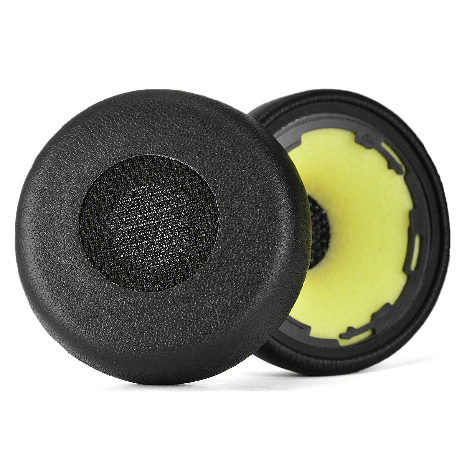 Due cuscinetti per auricolari neri, con uno schermo a rete e interno giallo.