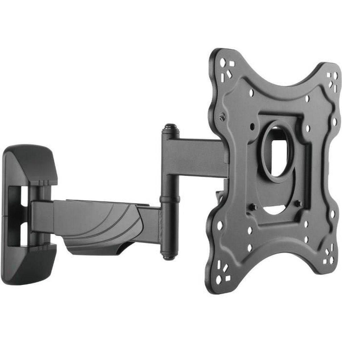 Eine schwarze TV-Wandhalterung mit einem gelenkigen Arm und einer Halterung.