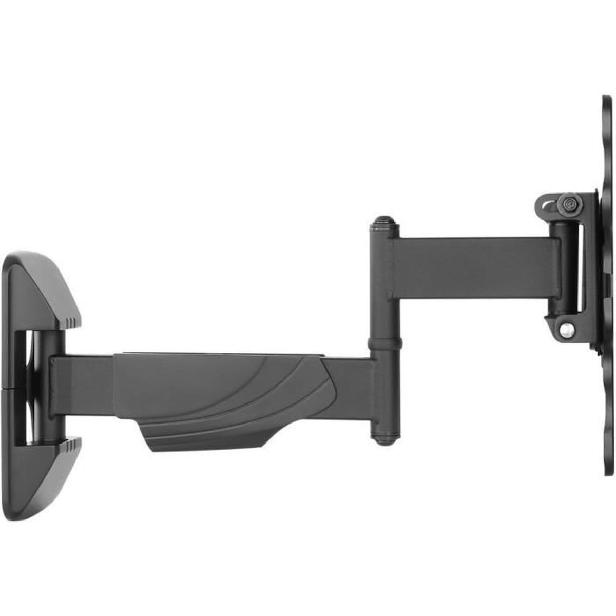 Eine schwarze TV-Wandhalterung. Es hat eine Platte und zwei Arme. Die Arme haben ein gebogenes Design.