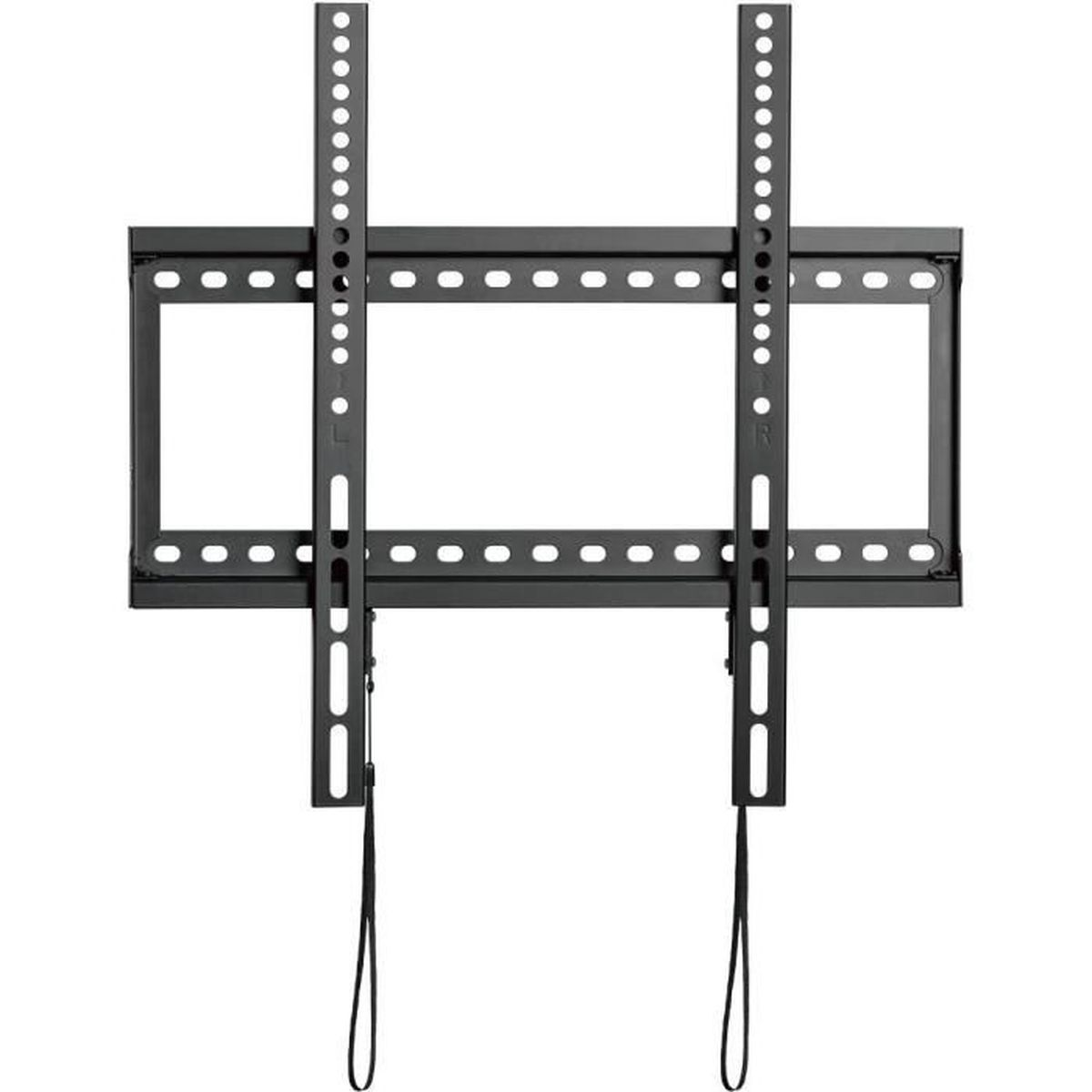 Eine schwarze TV-Halterung. Sie hat vertikale Schienen mit Löchern und Riemen zur Wandbefestigung.