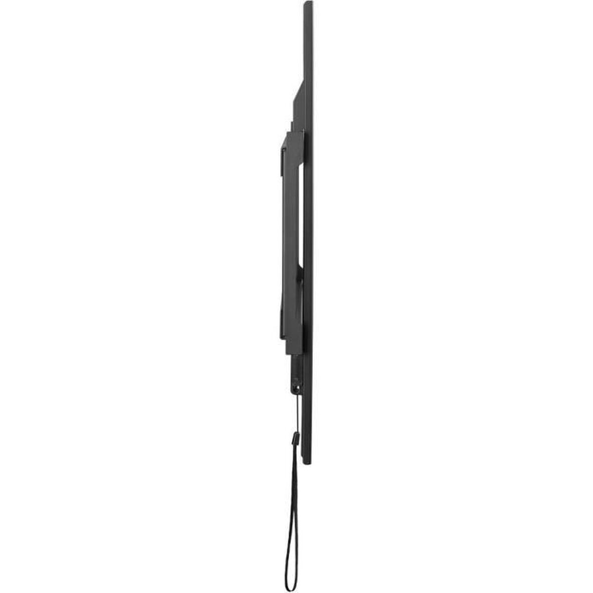 Eine schwarze TV-Halterung von der Seite betrachtet. Es ist ein schlankes Design mit einem Riemen, der von unten herabhängt.