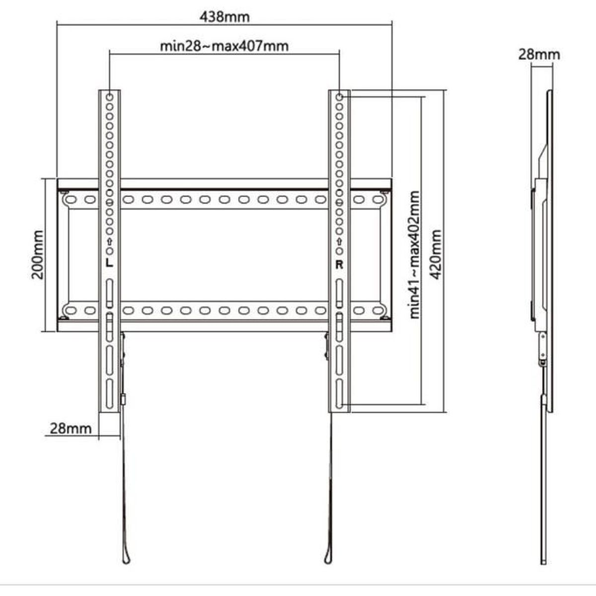 Diagramm einer TV-Halterung. Zeigt Abmessungen und Maße. Enthält vertikale und horizontale Maße.