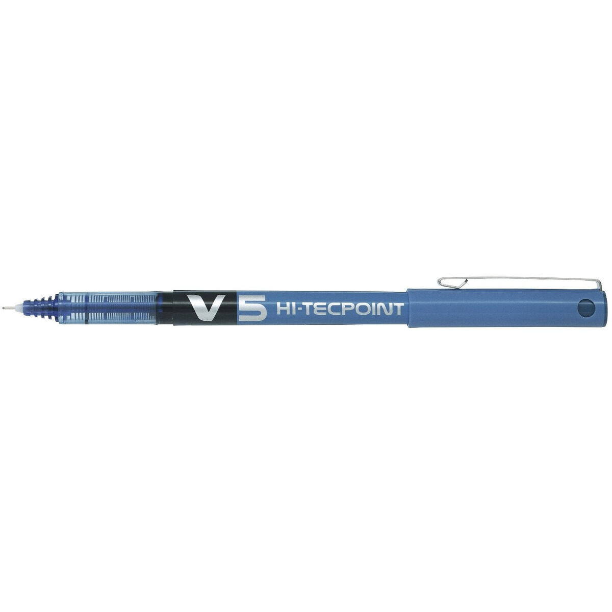 Ein blauer V5 Hi-Tecpoint-Stift, der horizontal liegt. Der Stift hat einen transparenten Abschnitt.