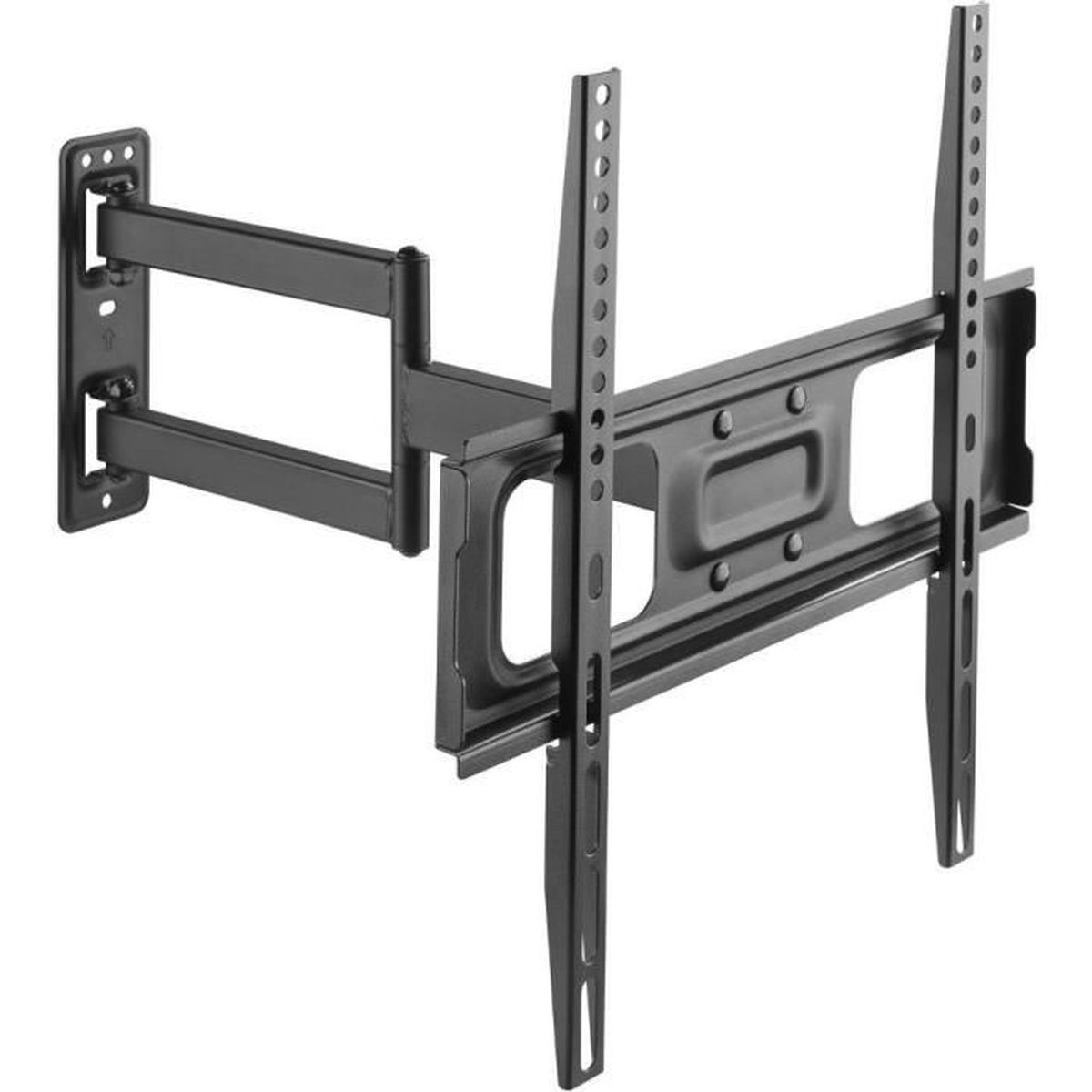 Eine schwarze TV-Wandhalterung. Es ist eine Schwenkhalterung mit einem langen Arm, der sich nach links erstreckt.