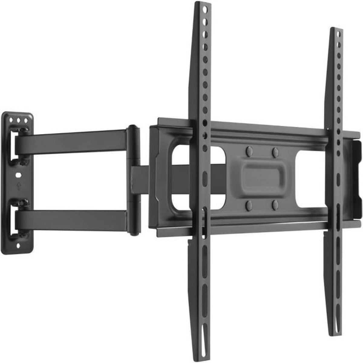 Eine schwarze TV-Wandhalterung. Es ist eine Schwenkhalterung mit einem langen Arm.