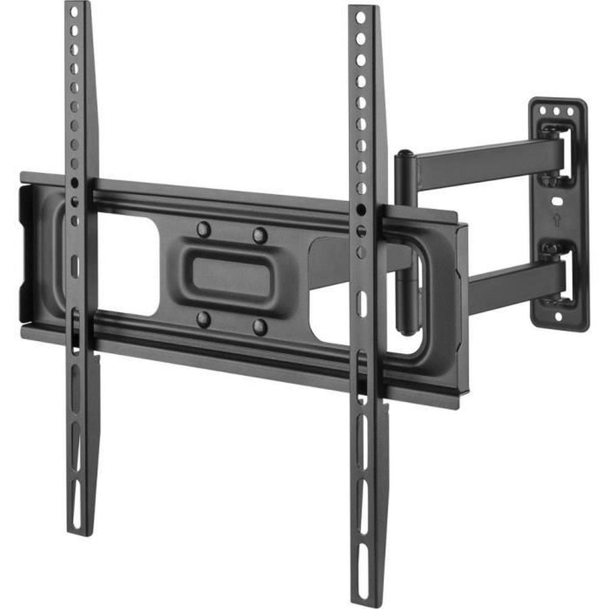 Eine schwarze TV-Wandhalterung mit schwenkbarem Armdesign. Es hat mehrere Löcher zur TV-Montage.