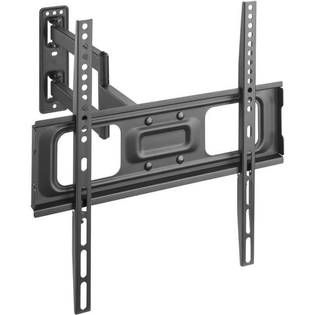 Eine schwarze TV-Wandhalterung. Es ist eine Schwenkhalterung mit einem langen Arm.
