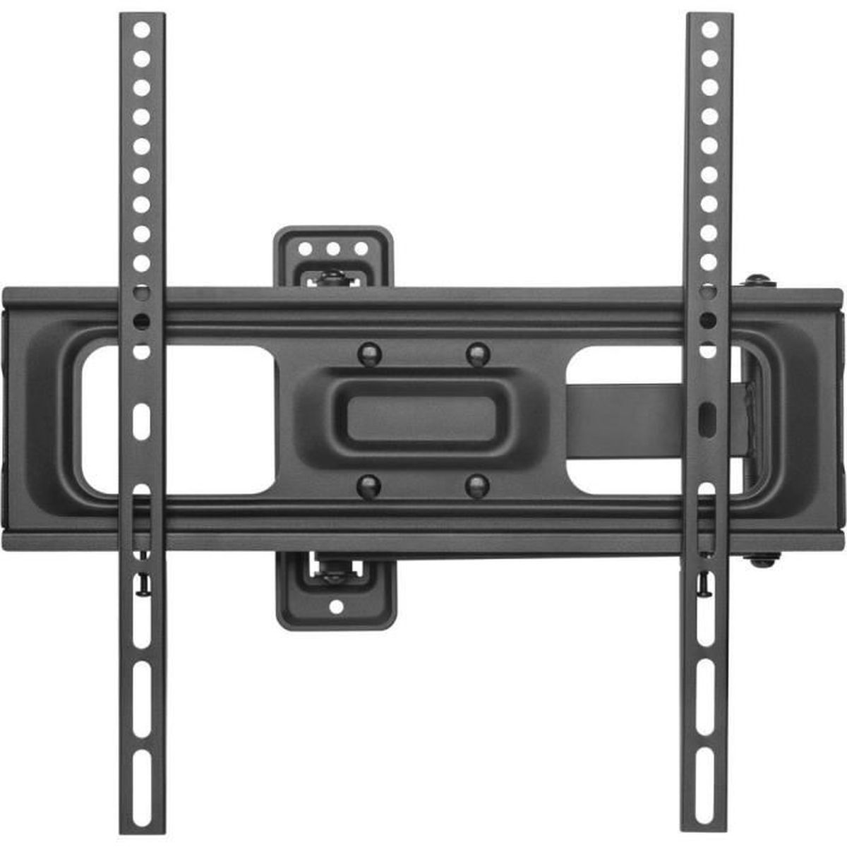 Eine schwarze TV-Halterung mit zwei vertikalen, perforierten Halterungen und einer zentralen Montageplatte.