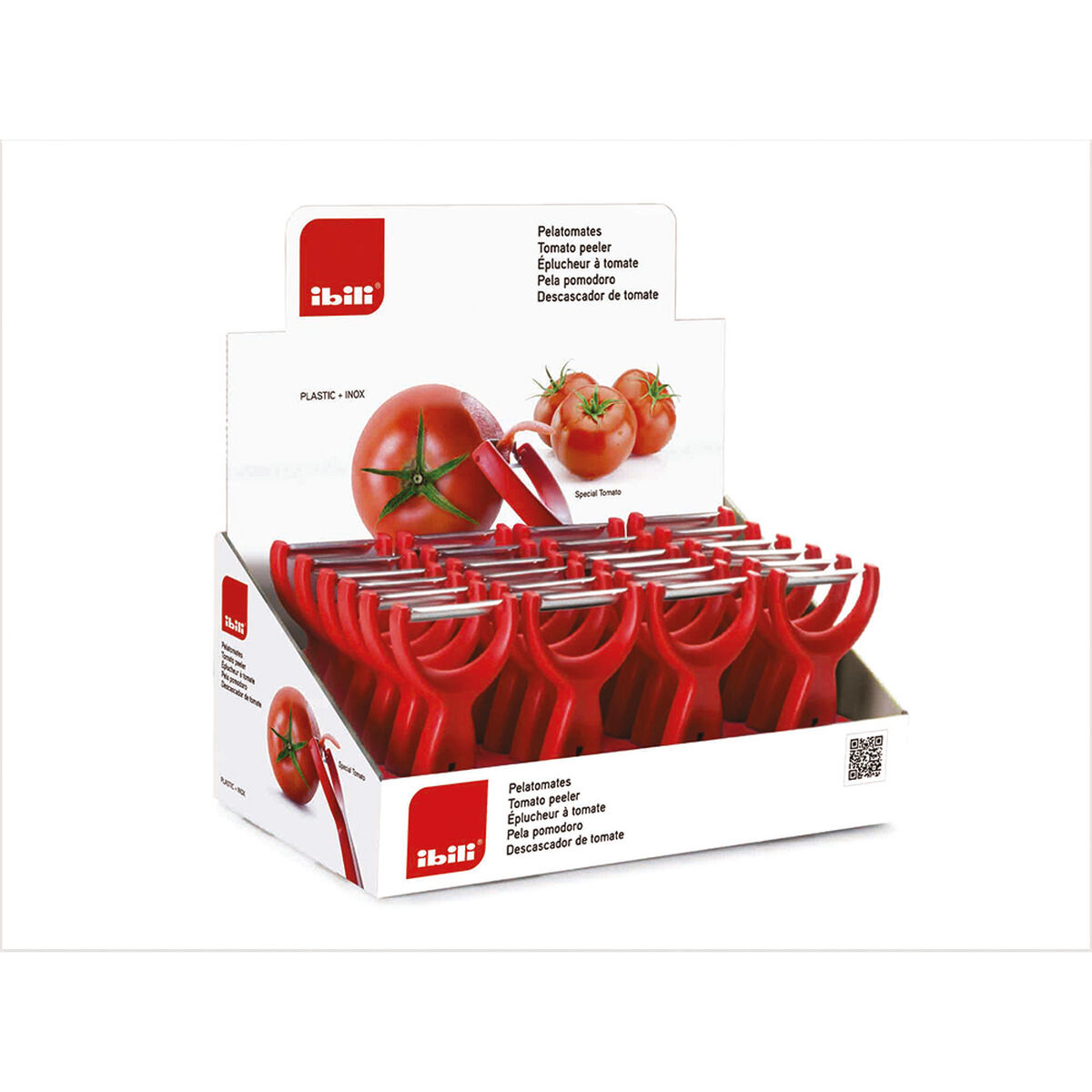Eine Displaybox gefüllt mit roten Tomatenschälern. Die Box enthält Produktinformationen und Tomatenbilder.