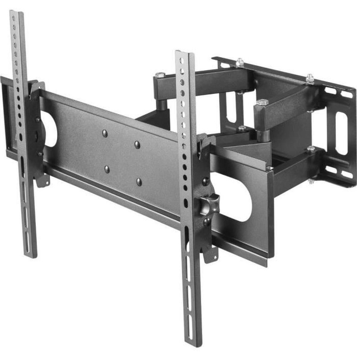 Eine schwarze TV-Wandhalterung mit stabilem Design. Verfügt über mehrere Befestigungspunkte und vertikale Tragarme.