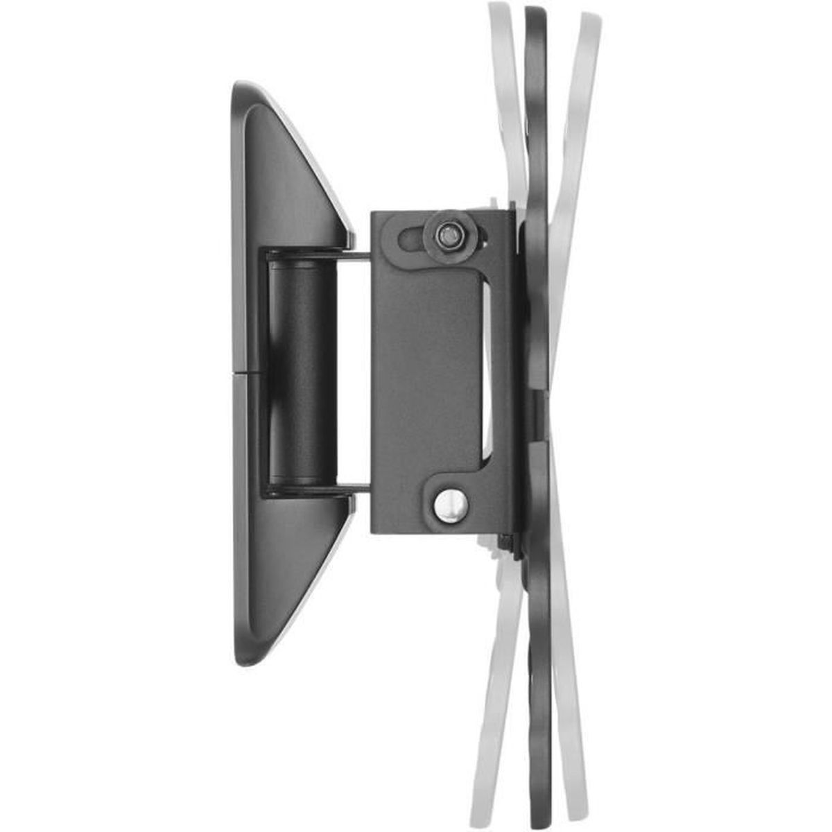 Seitenansicht einer schwarzen TV-Wandhalterung, die ihren verstellbaren Arm und die Montageplatte zeigt.