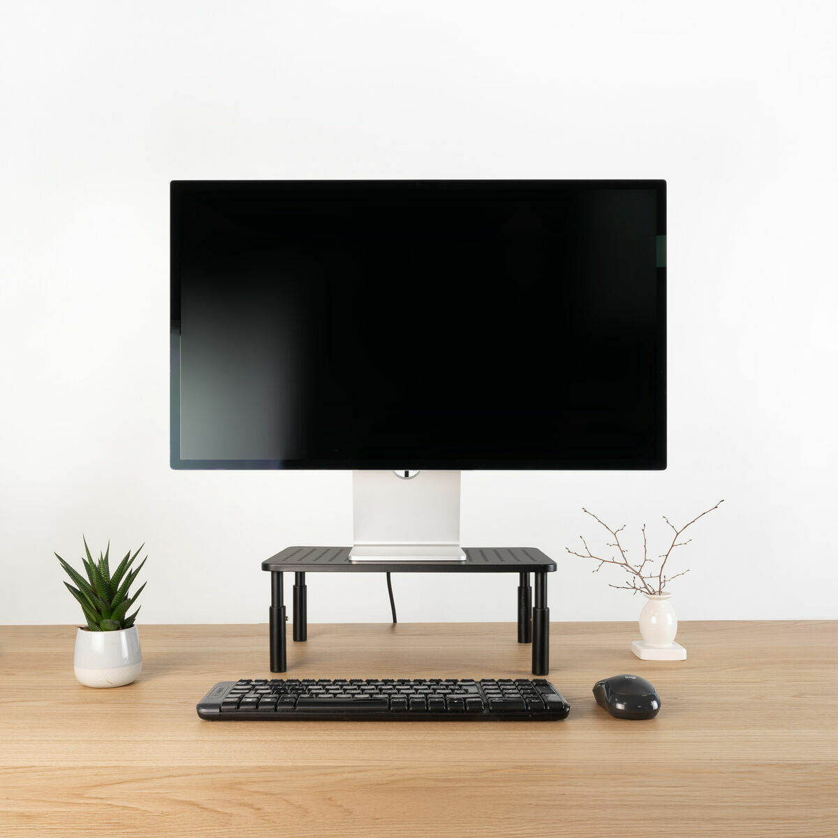 Un monitor su un supporto nero su una scrivania di legno con una tastiera, un mouse e delle piante su ciascun lato.
