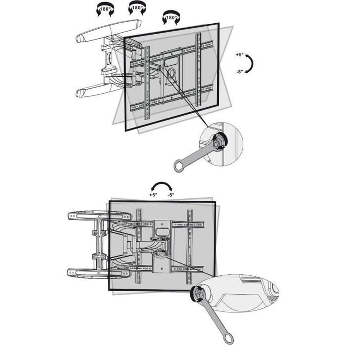 Diagramm zur Installation der TV-Halterung mit Messungen und Winkeln.