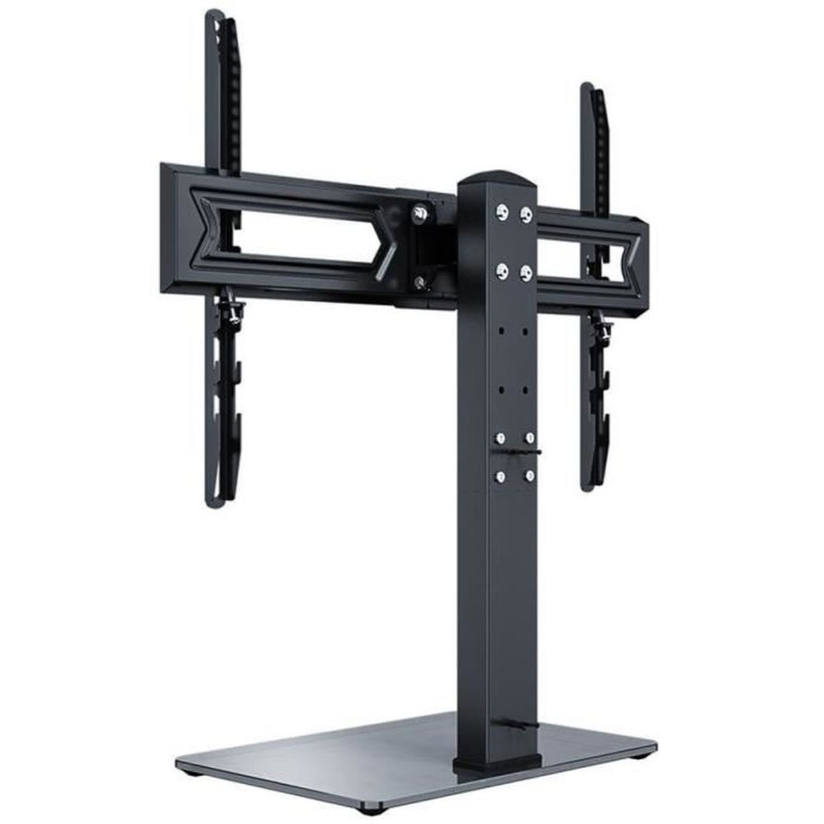 Ein schwarzer TV-Ständer mit quadratischer Basis und einem vertikalen Pfosten, der die Montagehalterungen trägt.