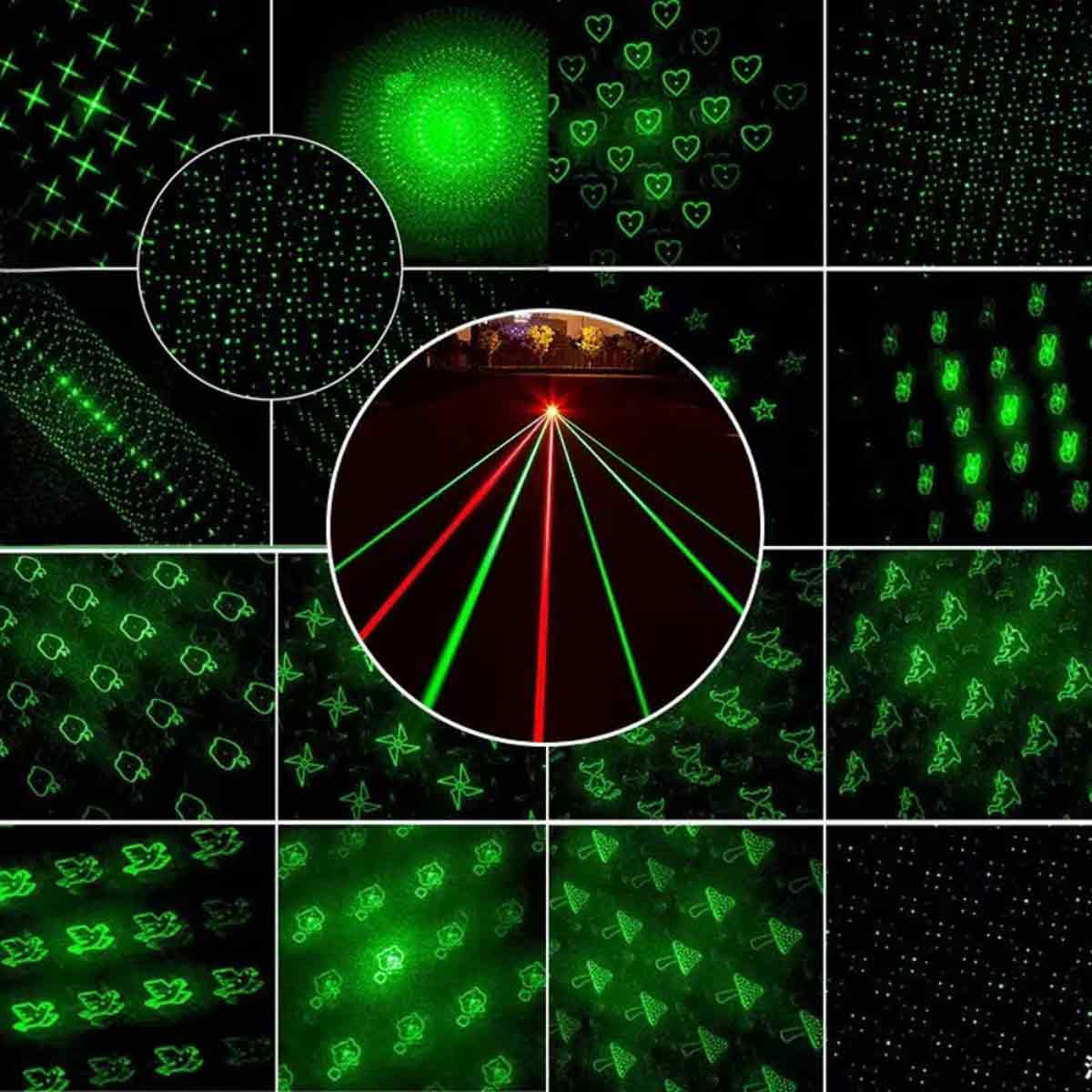 Mehrere grüne Laserlichtmuster, darunter Herzen, Sterne und Punkte.