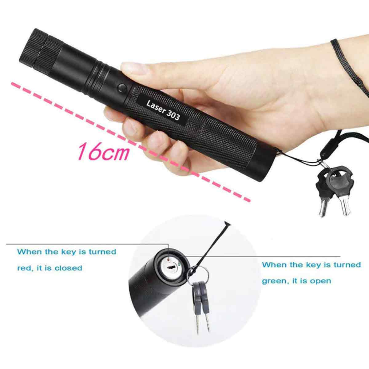 Hand, die einen schwarzen Laserpointer mit Schlüssel hält. Roter Laser bedeutet geschlossen, grüner Laser bedeutet offen.