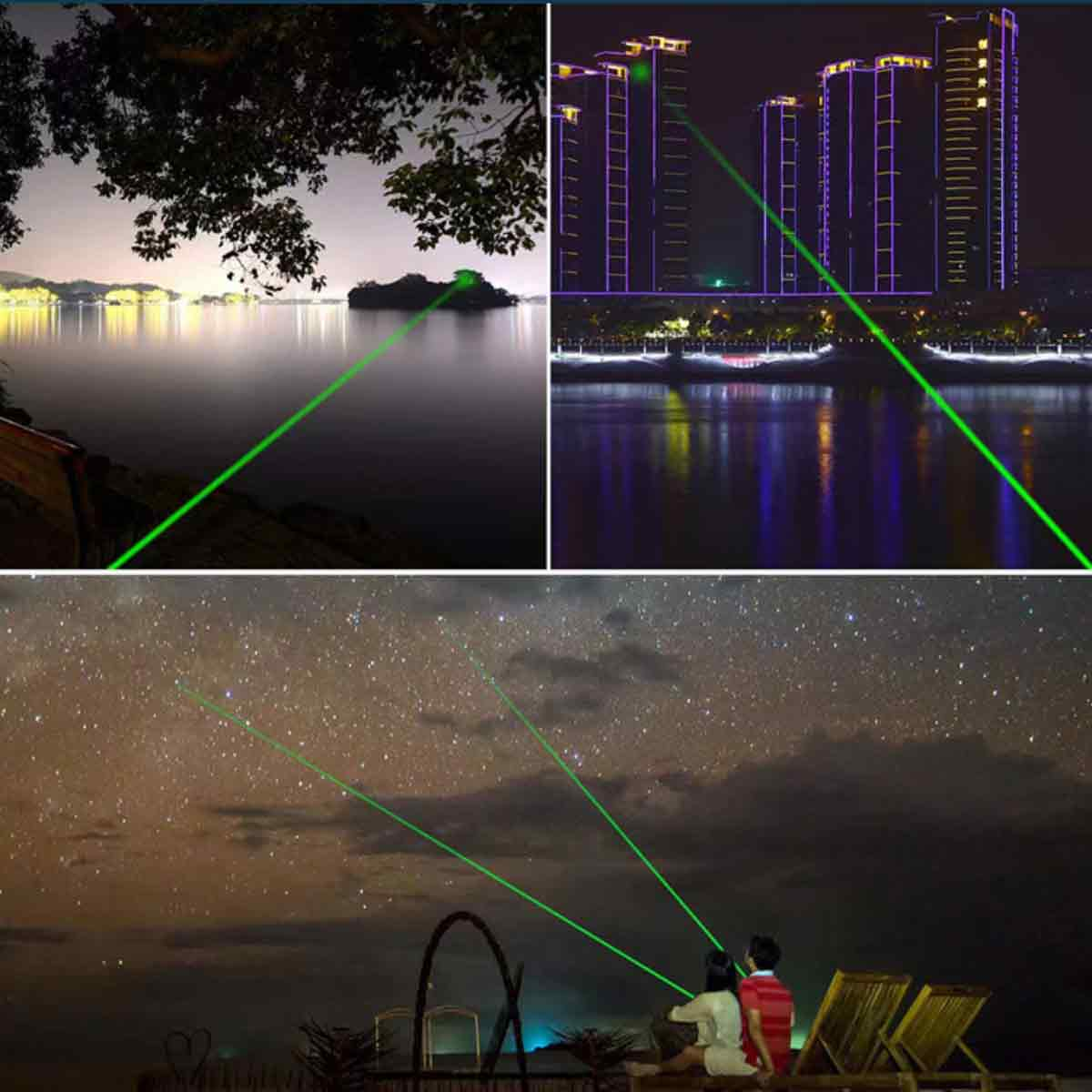 Drei Bilder, die einen grünen Laserpointer zeigen, der verwendet wird, um auf Natur, Gebäude und den Nachthimmel zu zeigen.