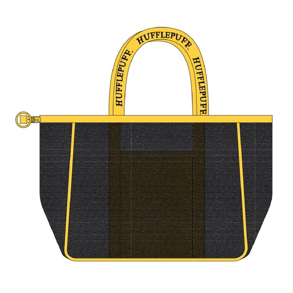 Eine Hufflepuff-Tragetasche. Sie hat einen schwarzen Körper mit gelben Riemen und Besatz. Die Worte HUFFLEPUFF sind sichtbar.