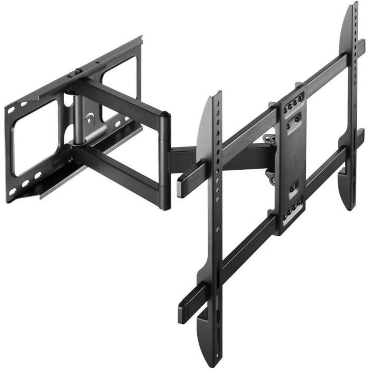 Eine schwarze TV-Wandhalterung. Die Halterung hat mehrere Gelenke und mehrere Montagehalterungen.