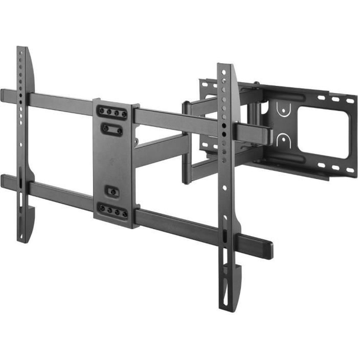 Eine schwarze TV-Halterung mit verstellbaren Armen und Befestigungspunkten, Winkelansicht.