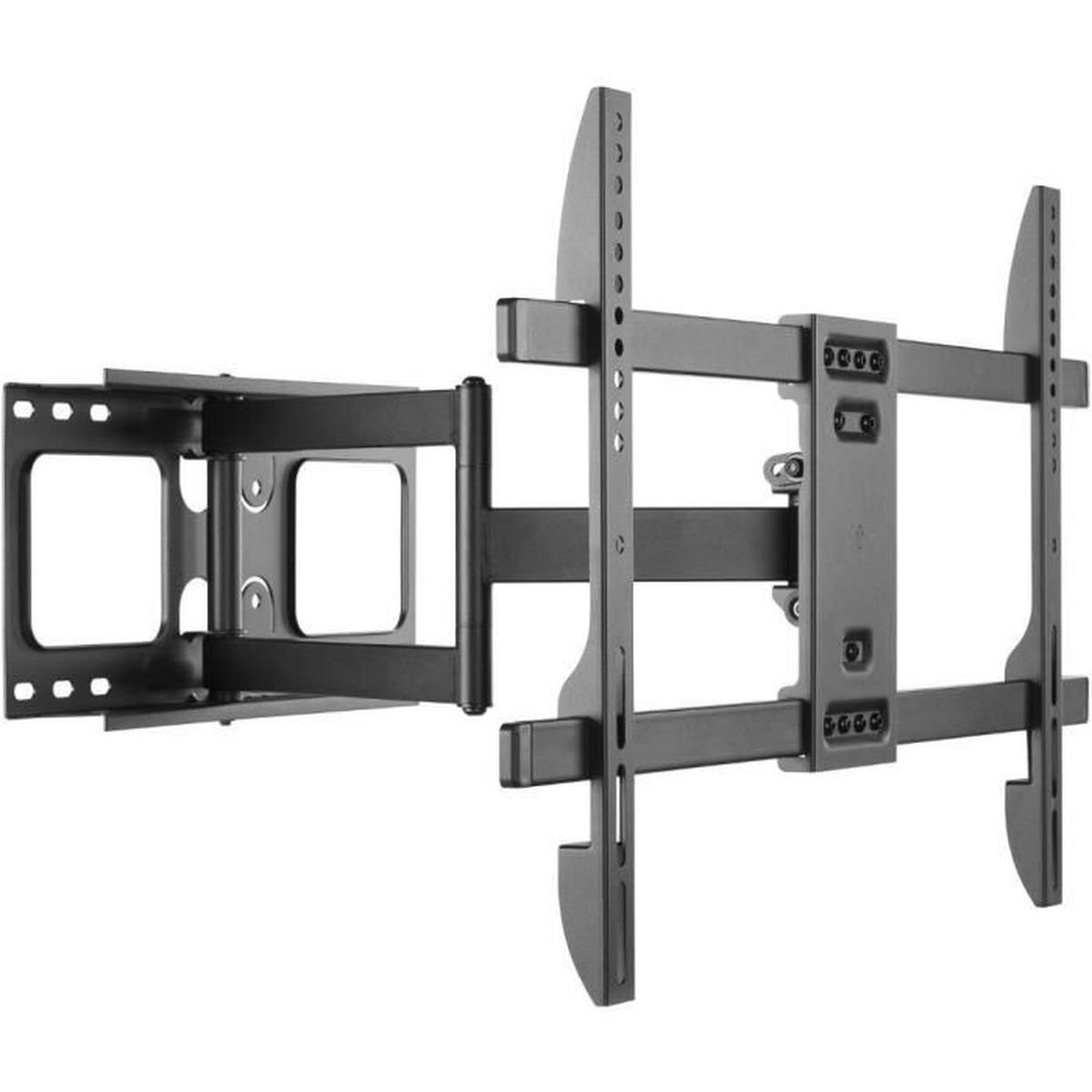 Eine schwarze TV-Wandhalterung mit Schwenkarm. Sie hat mehrere Löcher zur Montage und Einstellung.
