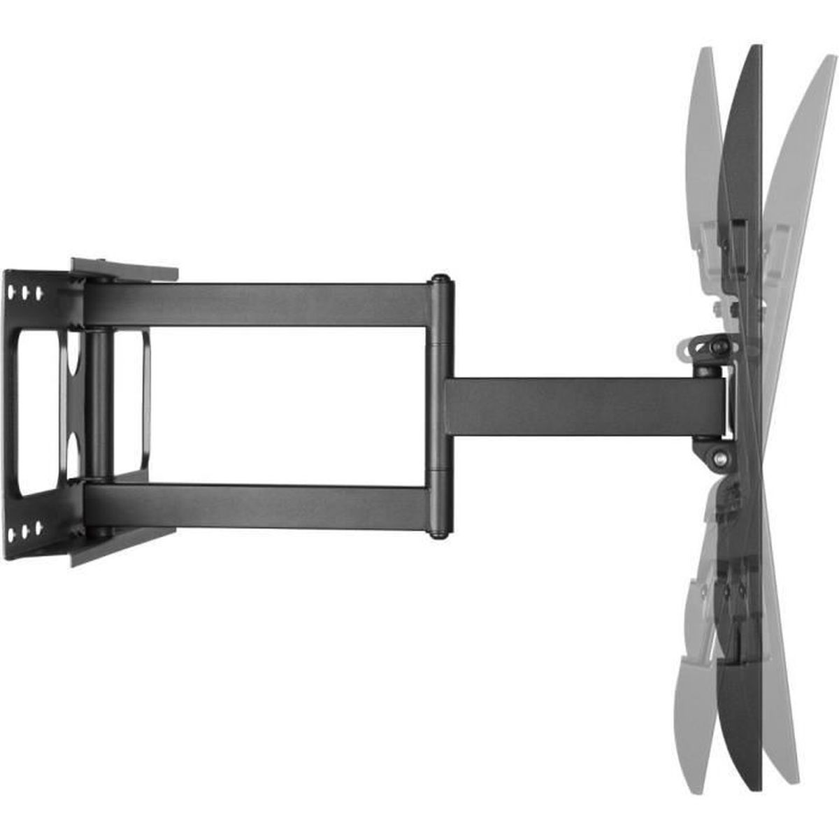 Schwarze TV-Halterung mit verstellbarem Arm und Befestigungspunkten, Winkelansicht.