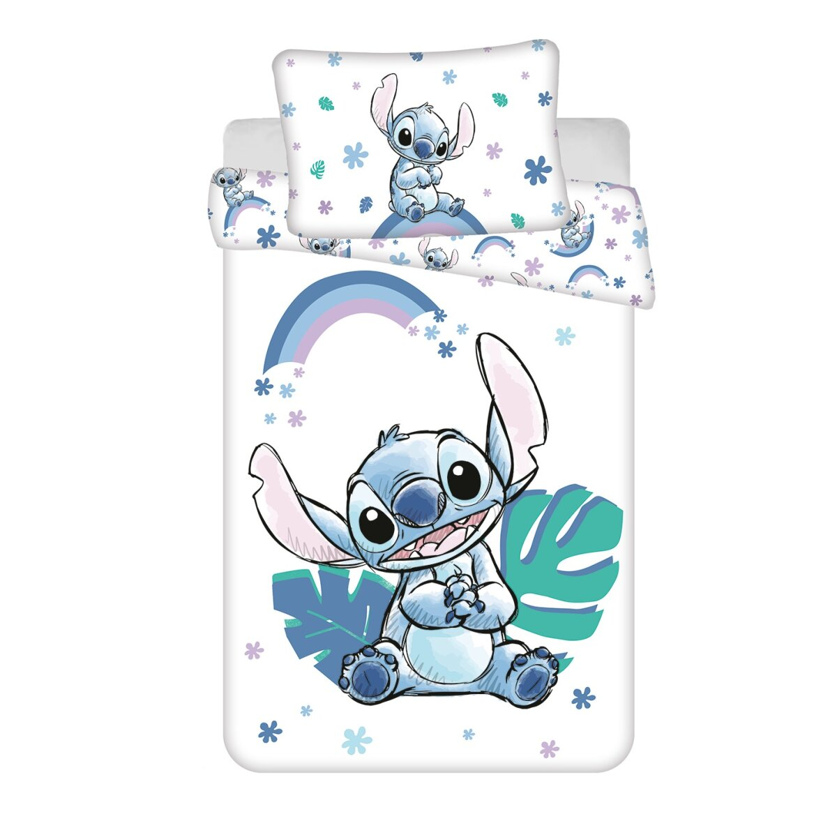 Bettwäsche-Set mit Stitch von Lilo & Stitch. Es hat einen Cartoon Stitch und einen Regenbogen auf weißem Grund.