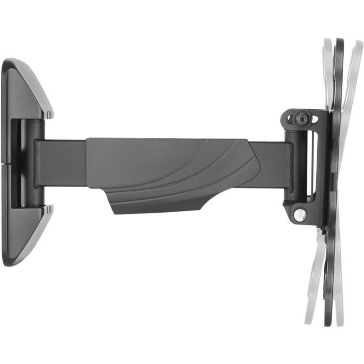 Eine schwarze TV-Wandhalterung. Sie hat einen faltbaren Arm. Die Halterung befindet sich auf weißem Hintergrund.