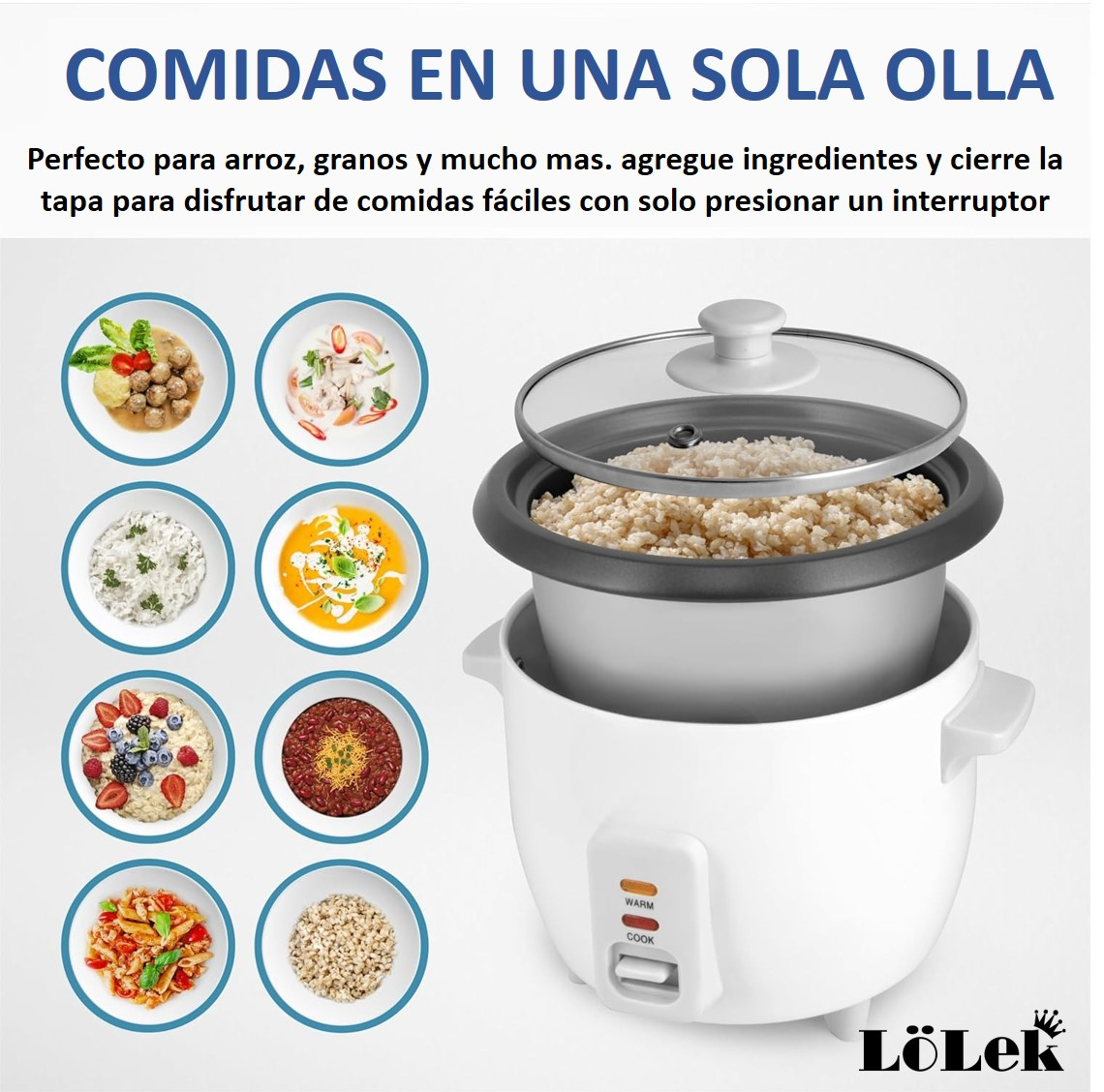 Una arrocera blanca con tapa de vidrio y varios platos preparados alrededor, con texto en español.
