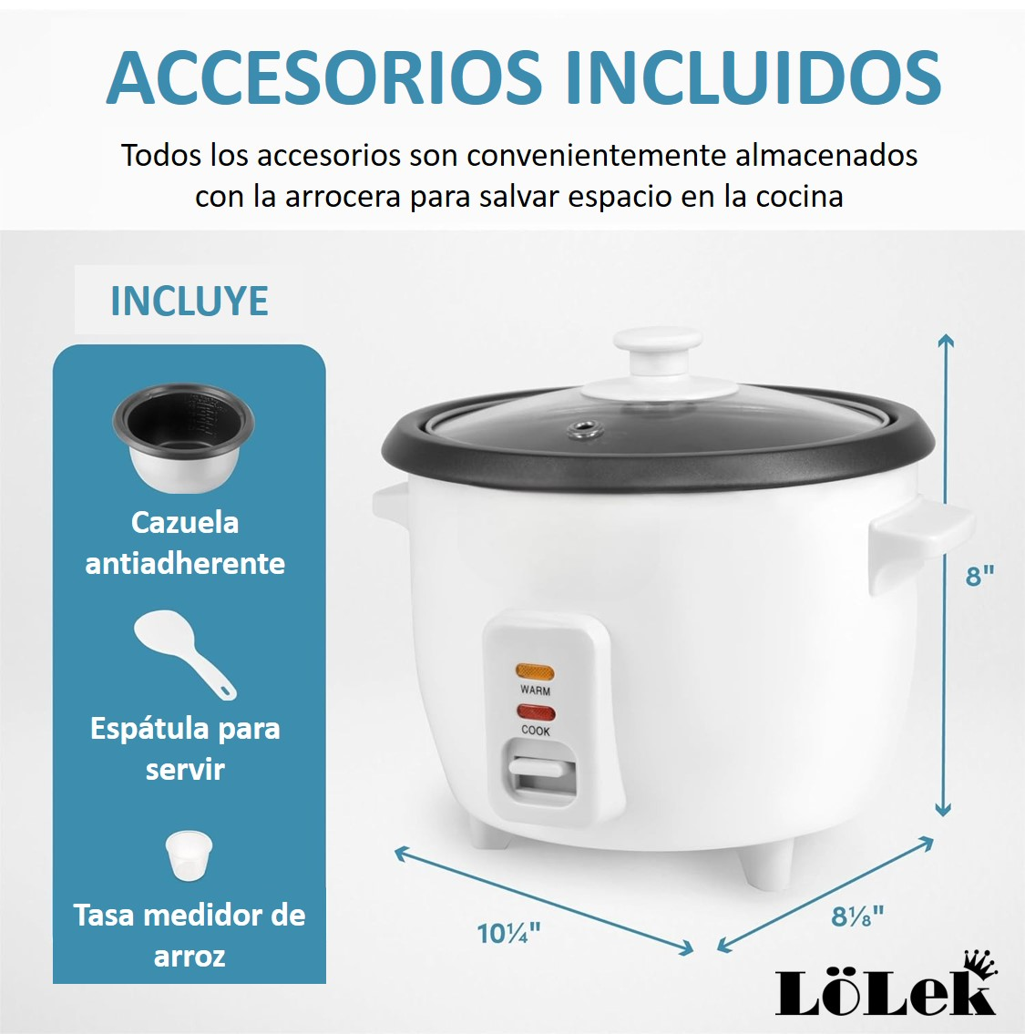 Una arrocera blanca con accesorios incluidos, como una taza medidora, cuchara y cuenco antiadherente.