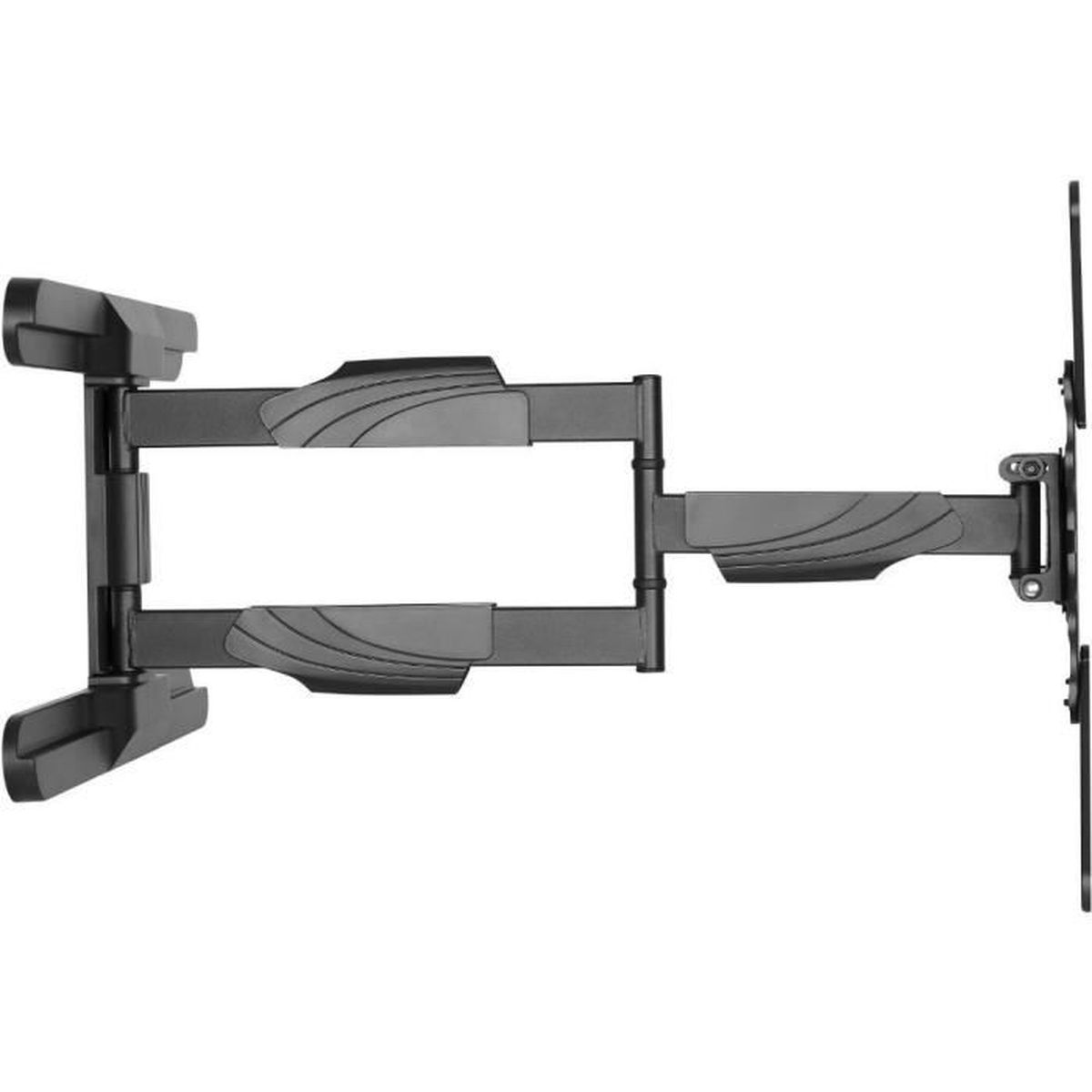 Schwarze, bewegliche TV-Wandhalterung, horizontal ausgefahren, mit mehreren Drehgelenken und Montagehalterungen, vor weißem Hintergrund.