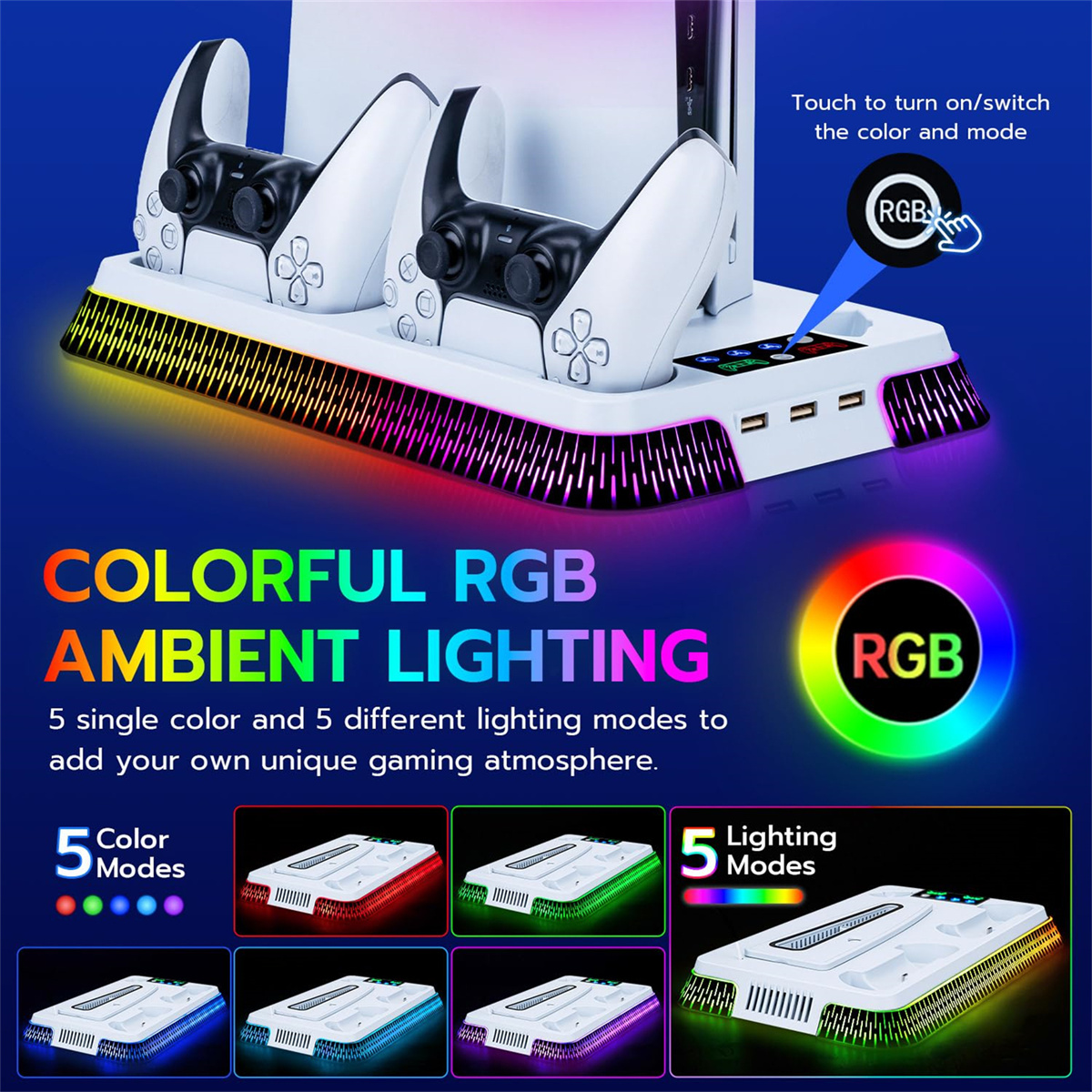 Weißer Gaming-Konsolenständer mit Controllern, RGB-Beleuchtung und Ladeanschlüssen. Text: Bunte RGB-Umgebungsbeleuchtung, 5 Farbmodi und 5 Lichtmodi.