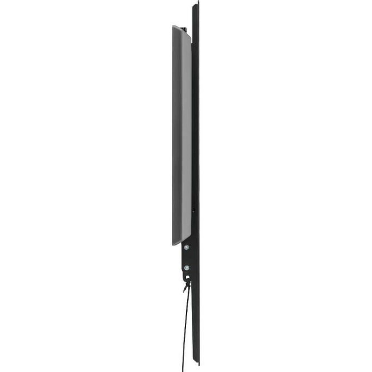 Eine Seitenansicht einer schwarzen TV-Halterung. Die TV-Halterung ist an einer Wand befestigt.