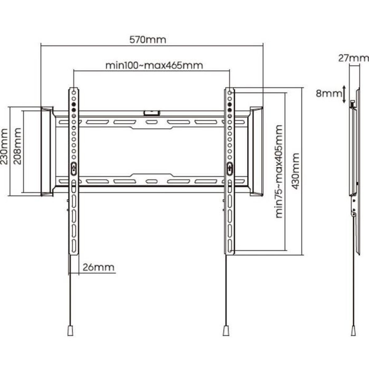 Ein Diagramm einer TV-Halterung, das Abmessungen und Maße in Millimetern zeigt.