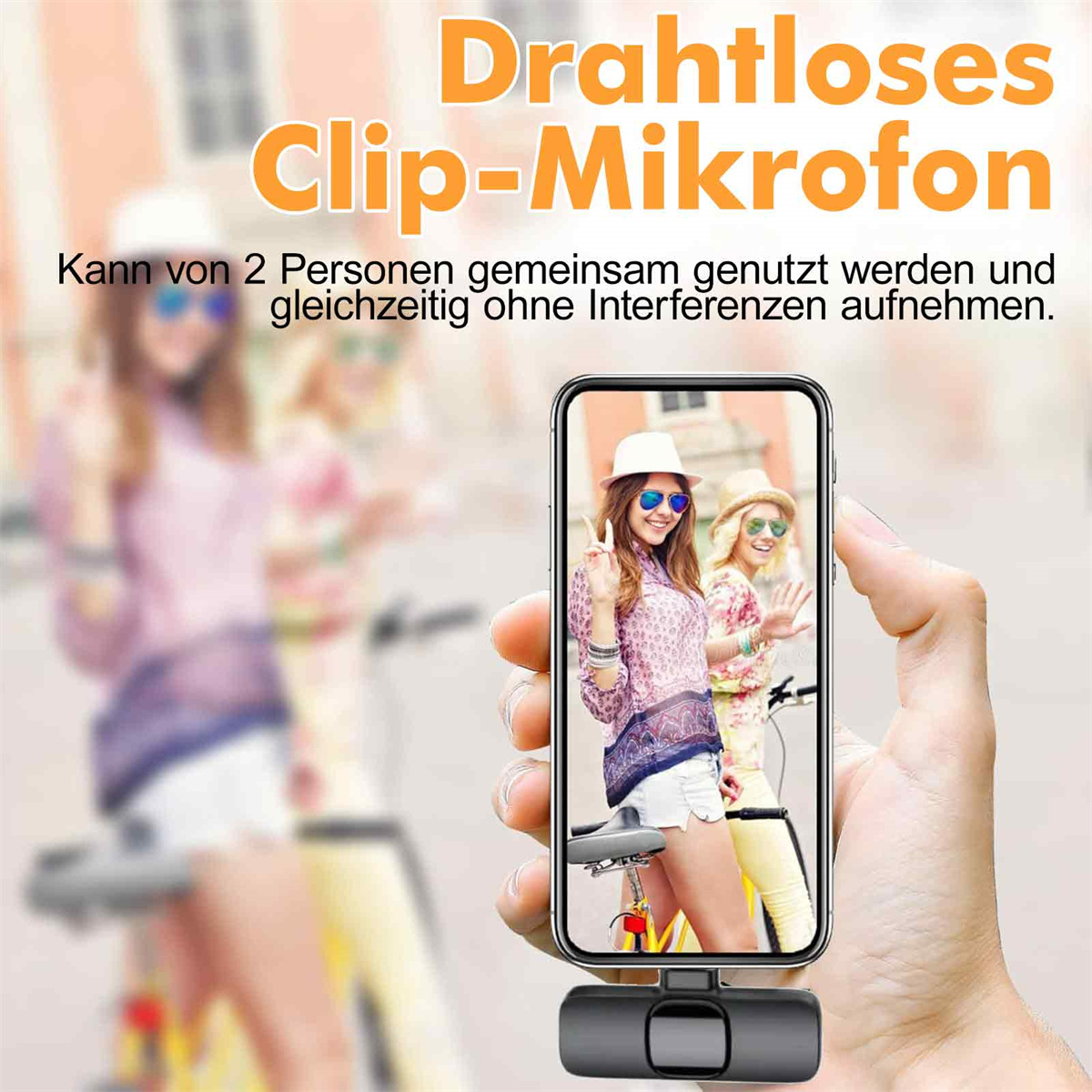 Eine Person, die ein Smartphone mit zwei Personen auf Fahrrädern hält. Text: 'Drahtloses Clip-Mikrofon'.