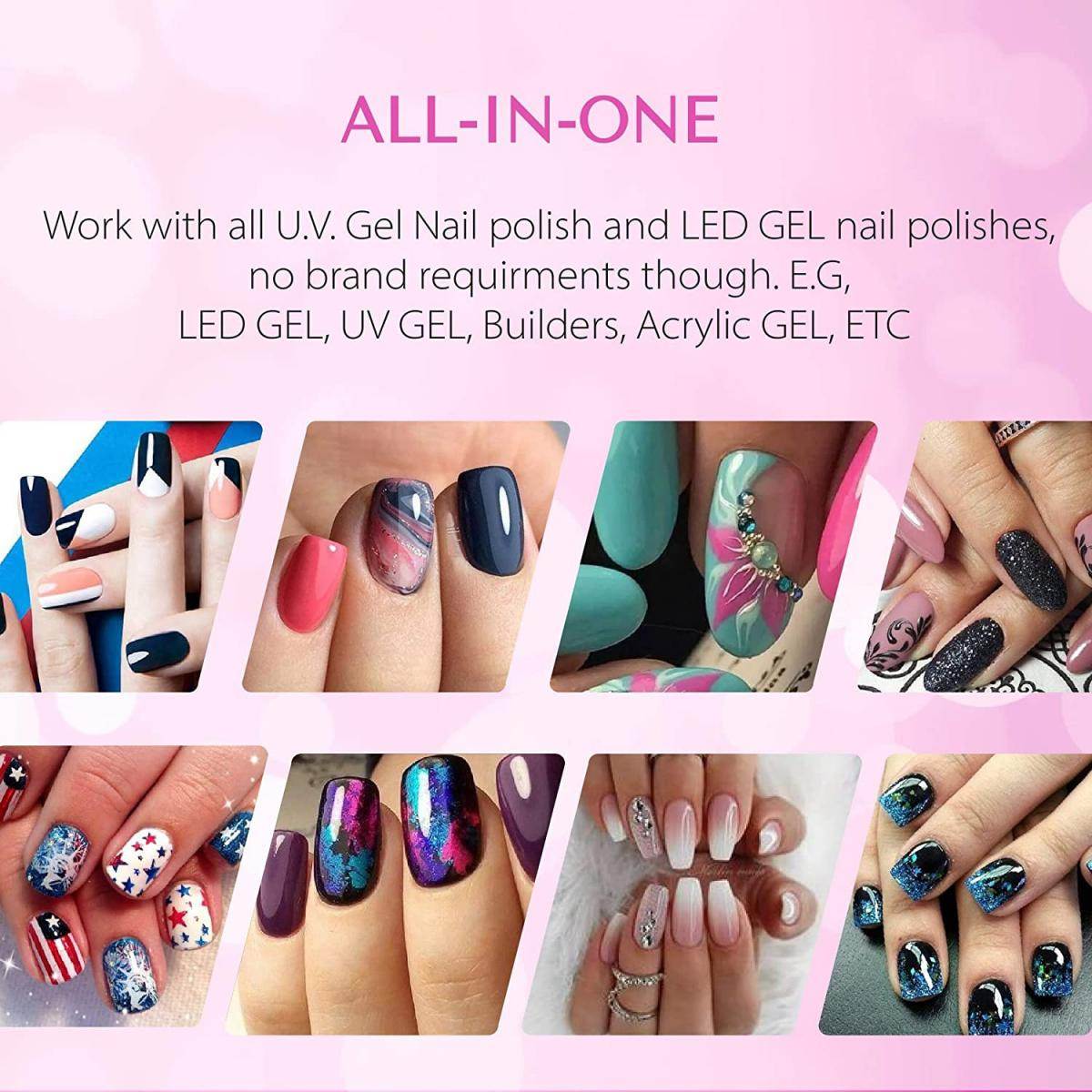 Eine Collage von Nägeln mit verschiedenen Designs, die All-in-One-Nagellackoptionen zeigen.