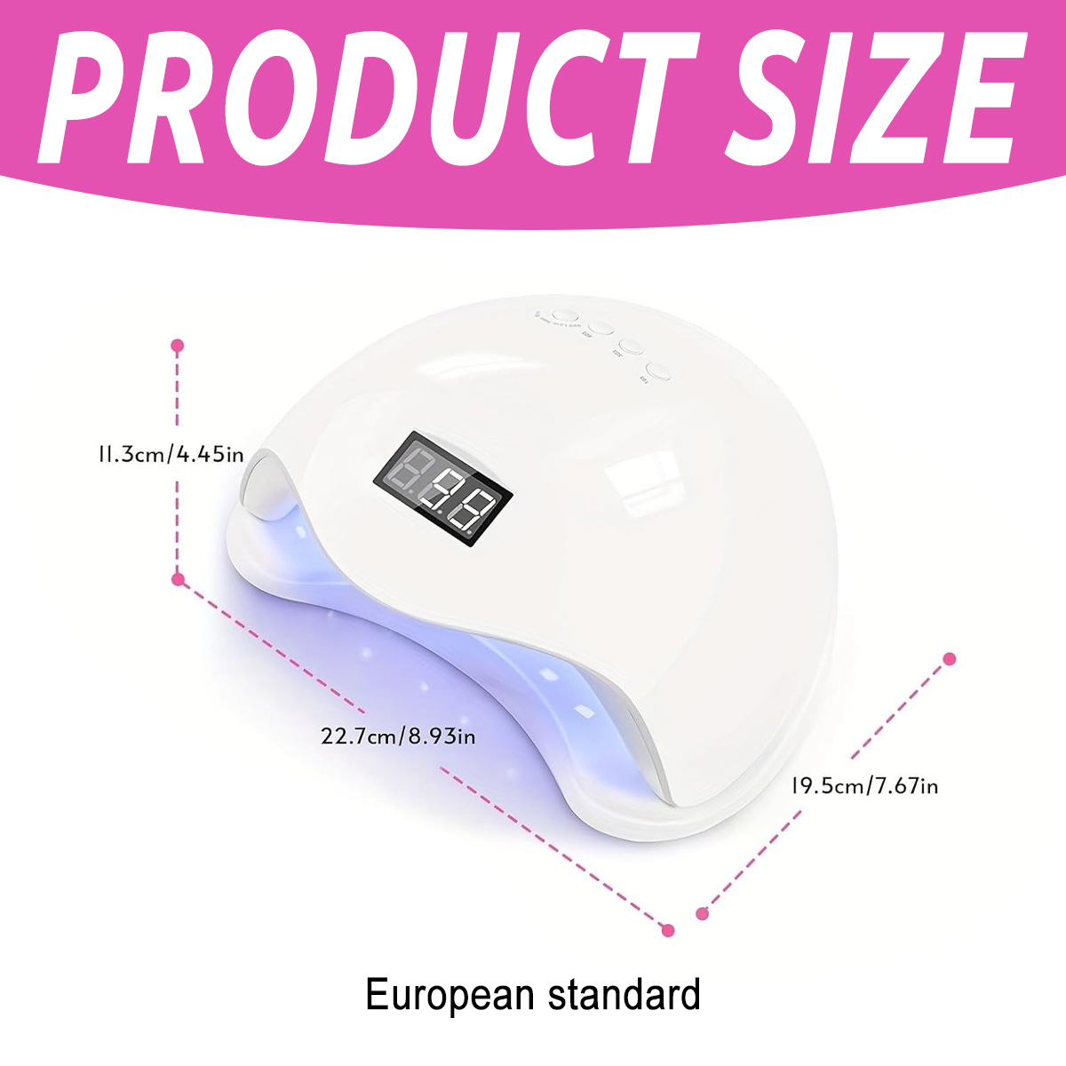 Eine weiße Nagellampe mit beschrifteten Abmessungen. Sie hat eine digitale Anzeige und ist europäischer Standard.