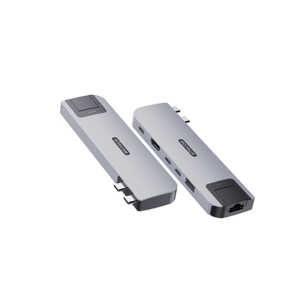 Zwei silberne SITECOM-Geräte, wahrscheinlich USB-Hubs, auf weißem Hintergrund.