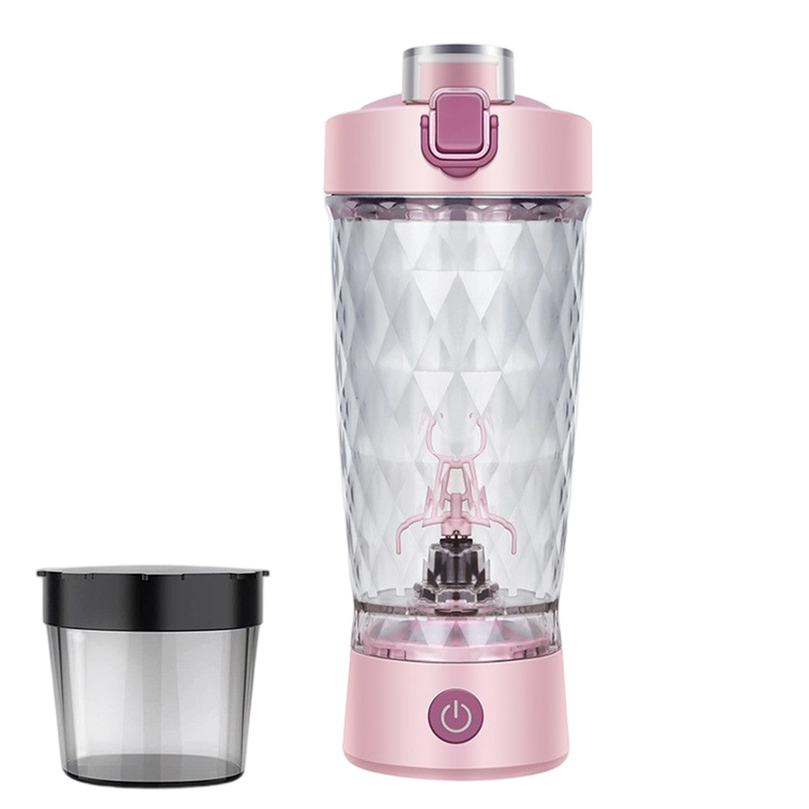 Rosa-klarer Mixer mit separatem schwarzem Behälter, Ein- / Aus-Taste und Deckel.